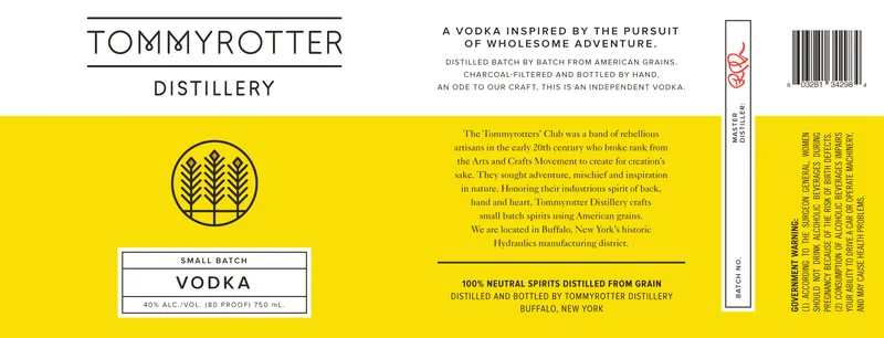 Tommyrotter Distillery Small Batch Vodka label