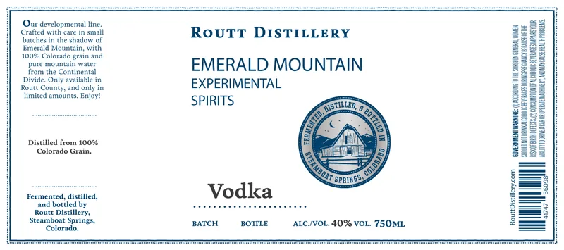 Routt Distillery Emerald Mountain Experimental Spirits label