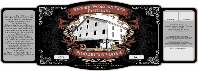 Historic Woodburn Farm Distillary Woodburn Vodka label