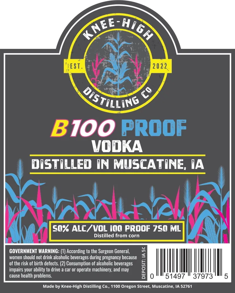 Knee-High Distilling CO. B100 Proof label