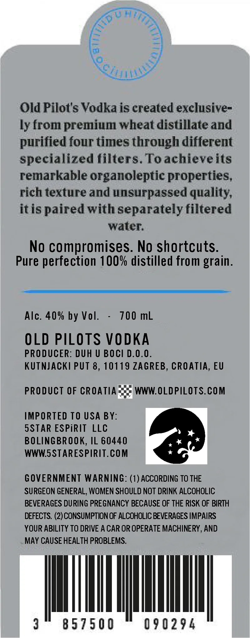 Old Pilots Vodka label
