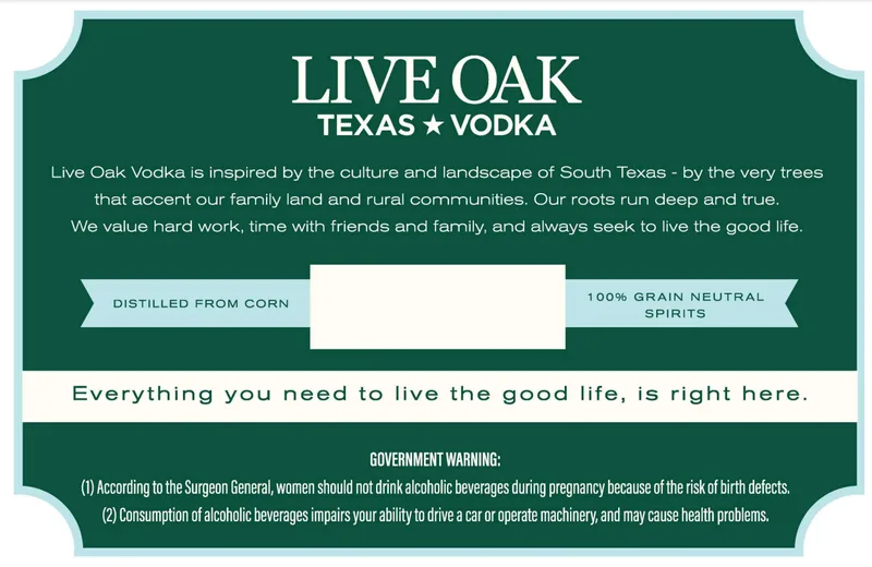 Coastal Bend Distilling Live Oak Texas Vodka label