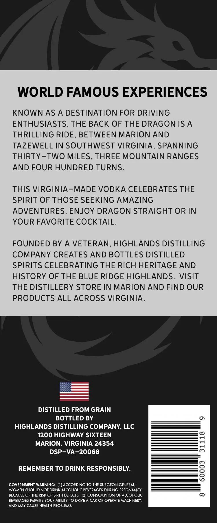 Dragon Virginia Vodka label