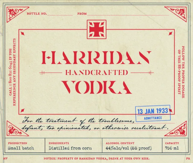 Harridan Vodka label