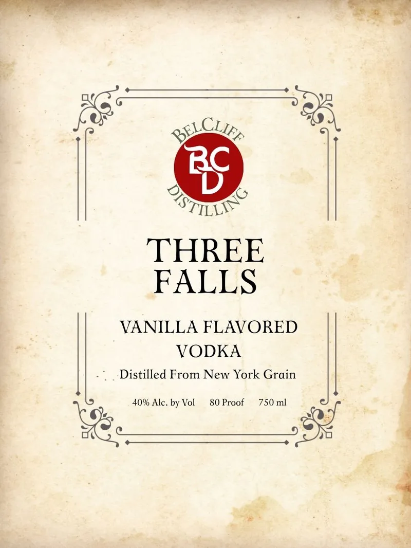 Three Falls Vanilla Flavored Vodka Distilled From New York Grain label