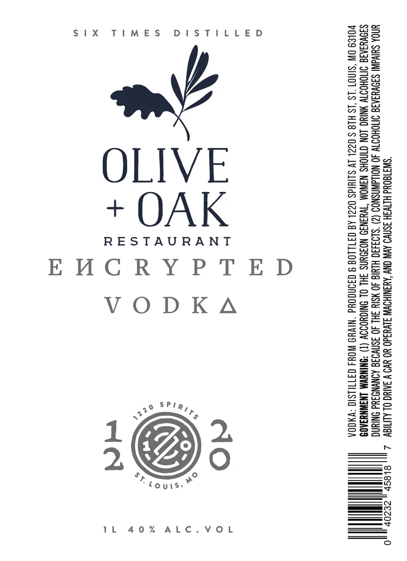 1220 Spirits Olive + Oak Encrypted Vodka label