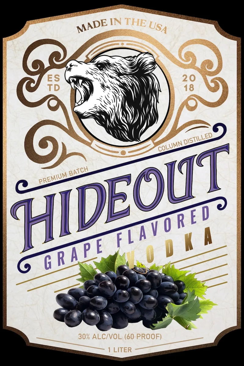 Hideout Grape Flavored Vodka label