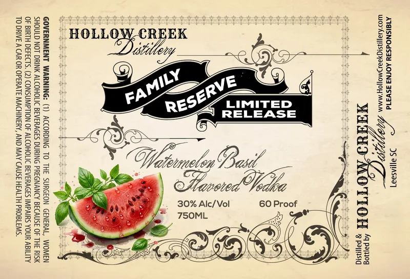 Hollow Creek Distillery Family Reserve Limited Release Watermelon Basil label