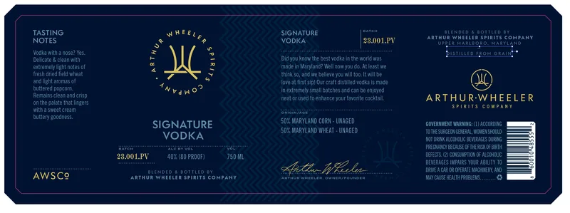 Arthur Wheeler Spirits Company Signature Vodka label