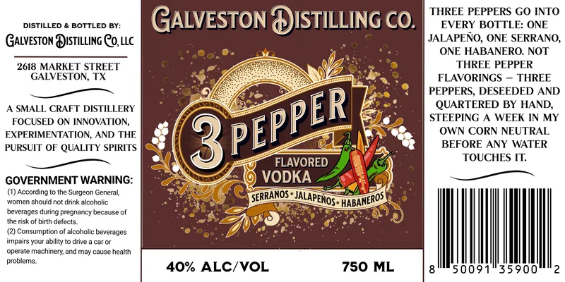 Galveston Distilling CO 3 Pepper Vodka label
